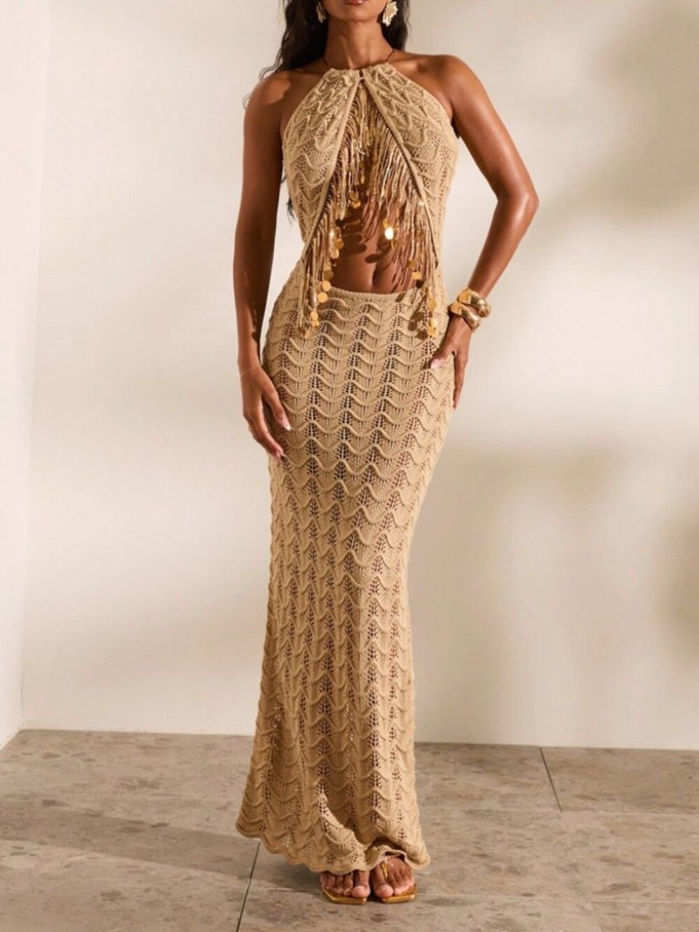 Gold Crochet Knit Halter Maxi Dress with Fringe Cutout